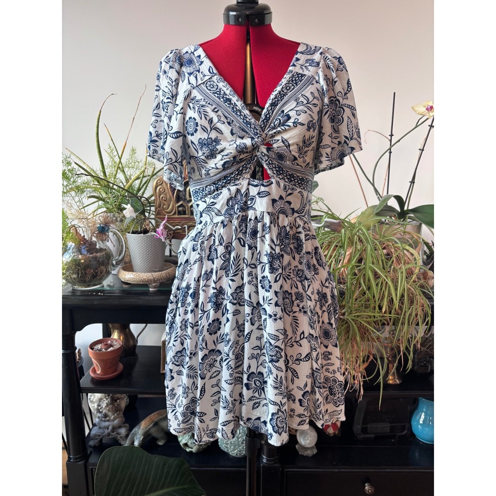 ANGIE dress women size S white navy blue floral twist front smocked boho mini